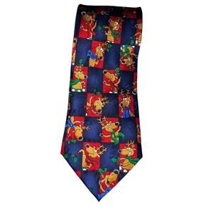 Hallmark Yule Tie Greetings w/Comical Reindeer in Blue Multicolored Silk